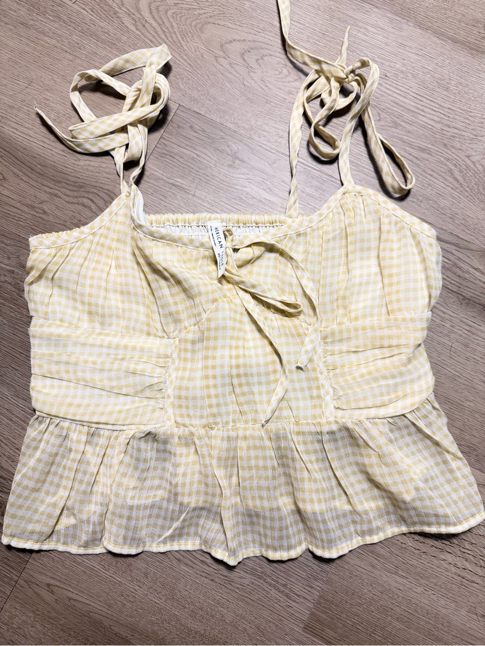 American Eagle Outfitters Yellow Gingham Tie-Front Peplum Cami